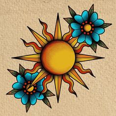 the sun is surrounded by blue flowers on a beige background with green leaves and brown spots