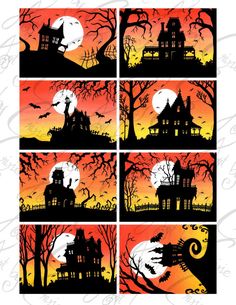 halloween scene with pumpkins and bats in the sky, on top of a house