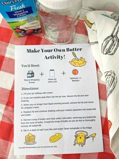 the instructions for making your own butter activity are displayed on a checkered tablecloth