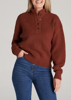 Model is 6' wearing size S Tall - We designed this women’s tall sweater for ladies between 5’9” and 6’6”, with extra-long sleeves that will keep your arms warm. It has a ribbed mock neck collar with a four-button placket that’s not quite a turtleneck but still provides plenty of coziness. Size S Tall: Body length: 23", Sleeve length: 34.5" Fall Funnel Neck Polo Sweater, Funnel Neck Polo Sweater For Fall, Cozy Sweater With Button Closure For Cold Weather, Fall Knit Polo Sweater With Buttons, Fall Polo Sweater With Ribbed Cuffs And Funnel Neck, Knit Button Polo Sweater For Fall, Knit Polo Sweater With Buttons For Fall, Ribbed Collar Sweater For Cold Weather In Fall, Fall Sweater With Ribbed Collar For Cold Weather