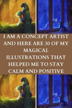 two pictures with the words i am a concept artist and here are 30 of my magic illustrations that helped me to stay calm and positive