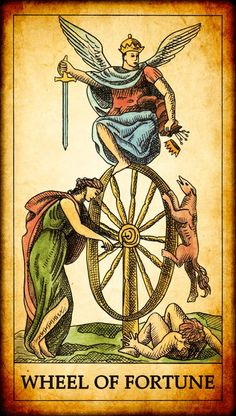 a taroti card with an angel on the wheel and two men holding swords