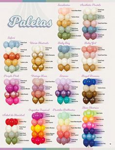 the colors of balloons are shown in this poster, which includes different shapes and sizes