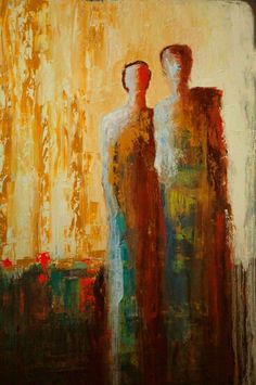 an abstract painting of two people facing each other