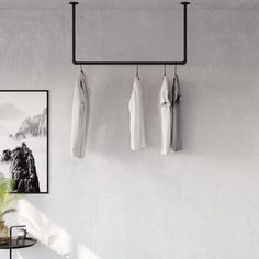 three shirts hanging on the wall next to a table with a potted plant in it