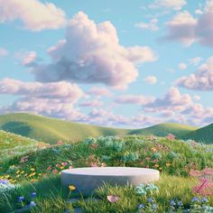 there is a bench in the middle of a field with flowers and clouds above it