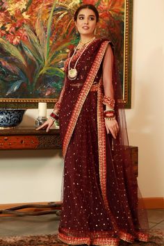 Shadmani (Ready To Wear - Three Piece)– Zaaviay Formal Ladies Dresses, Maroon Net Saree, Indian Sari Dress, Full Sleeve Blouse, Net Blouses, Beautiful Sarees, Sari Dress, Dark Maroon, Embroidered Saree