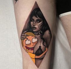 a woman with an evil face on her arm holding a man's head in the shape of a triangle