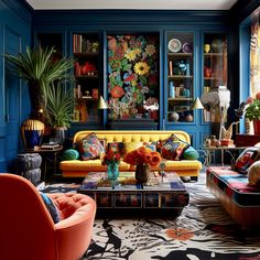 a living room filled with lots of furniture and colorful decor on top of blue walls