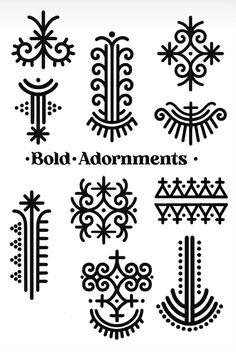 an assortment of ornamental designs in black and white, with the words bold - adornments