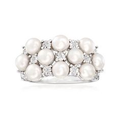 Ross-Simons - 4mm Cultured Pearl Ring, Diamond Accents in Silver. Size 7. Elegance on a budget! A bevy of 4mm cultured freshwater button pearls gleam in a lush design with diamond accents sparkling in between. Finely crafted in polished sterling silver. 3/8" wide. White pearl ring. Pearl birthstones are the perfect gift for June birthdays. White Pearl Ring, Cultured Pearl Ring, Pearl Birthstone, Pearl And Diamond Ring, Ring With Diamond, Diamond Star, Pearl Types, Topaz Ring, White Topaz