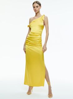 Marilla Off The Shoulder Ruched Maxi Dress In Happy Yellow | Alice + Olivia Yellow One-shoulder Midi Dress For Evening, Yellow One-shoulder Evening Midi Dress, Yellow Ruched Maxi Dress For Party, Yellow One-shoulder Fitted Maxi Dress, Yellow Fitted One-shoulder Maxi Dress, Yellow Ruched Evening Dress, Ruched One Shoulder Maxi Dress For Summer, Yellow Midi Dress With Asymmetrical Neckline For Summer, Chic Yellow One-shoulder Dress