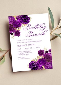 a purple and gold birthday brunch party with flowers on the front, white background