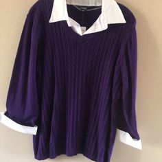 A Sweater That Looks Like You’re Wearing A White Collared Shirt Underneath- Only You’re Not! Purple Cable Knit In Front And Plain Knit On Sleeves And Back With Ribbing On Bottom All Around. Made By Elementz Woman, This Is A Nwt In Size 3x. The Collar And Cuffs Are White With The Sweater Having A Vee Neck. The Sweater Measures 24” Armpit To Armpit And 27 1/2” Shoulder To Hem. This Is An Easy Way To Look Pulled Together , That’s For Sure Charlotte Core, Formal Tops, White Collared Shirt, Fish Fish, Fashion To Figure, Boat Neck Tops, Small Crop Tops, Purple Shirt