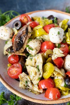 a salad with tomatoes, olives, and mozzarella in a white bowl