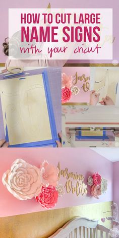 a baby's room with pink walls and gold lettering