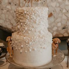 a wedding cake with white frosting and beaded decorations