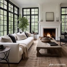 a living room filled with furniture and a fire place in front of two large windows