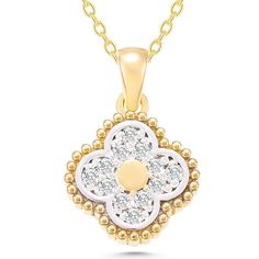 Features Yellow gold and white diamond Material: Solid Gold (not gold plated or gold filled) Available Gold Color: Yellow gold, rose gold and white gold Karat: 14 K (585) Diamond weight: 0.07 ct Gold grams: 2.10 gr Available with or without chain Diamond color: G Color Diamond count: 12 Length: .31 in Width: 0.31 in  Made to order As with all of our products, this item is handmade and made to order. All of our items are 14K real gold. We do not use any gold filled, gold plated or gold vermeil it Diamond Flower Necklace, Diamond Necklace Gift, Dainty Diamond Ring, Chain Diamond, Tiny Rings, Pendant Diamond, Solitaire Pendant Necklace, White Gold Chains, Wedding Jewellery Necklace