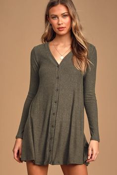 Dresses for Women | Best Women's Dresses Online Backless Sweater, Olive Green Dresses, Button Sweater, Short Cocktail Dress, Beach Fashion, Comfy Dresses, Long Sleeve Sweater Dress, Mod Dress, Green Button