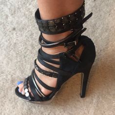 Super Comfortable And Various Unique Straps. One Of My Favorites But Are Too Small Now! Suede,Metals And Buckles. Stiletto Heels, Sandals Heels, Black And Grey, Sandals, Women Shoes, Heels, Women Shopping, Black