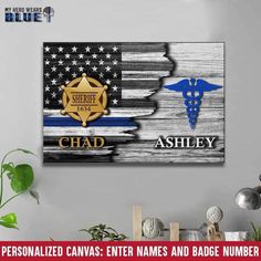 an american flag with two police emblems on it and the name chad, personalized canvas