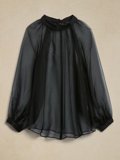 Mirage Silk Organza Shirt | Banana Republic Black Silk Blouse With Sheer Sleeves, Sheer Black Silk Blouse, Black Sheer Silk Blouse, Black Sheer Silk Tops, Chic Sheer Blouse For Formal Occasions, Fall Silk Sheer Blouse, Formal Black Organza Blouse, Spring Party Tops With Overlay, Sheer Silk Long Sleeve Blouse