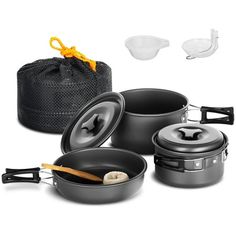 an assortment of pots and pans are shown in this image, including one with a lid