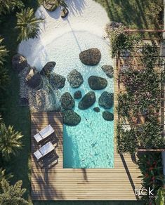 an aerial view of a pool with rocks in it