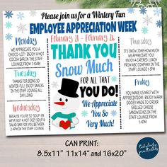 an employee appreciation week poster with snowman