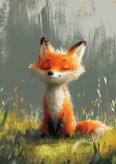 a painting of a red fox sitting in the grass