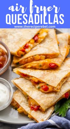 quesadillas stacked on top of each other with salsa in the background and text overlay