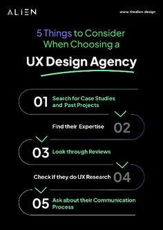 a poster with the title 5 things to consider when choosing a ux design agency