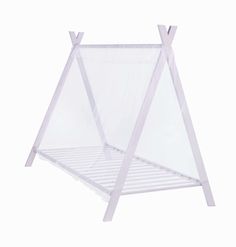 a white bed frame that is made out of plastic and has two wooden posts on each side