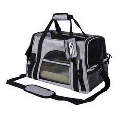 a grey and black dog carrier with a small bed inside the back pocket, on a white background