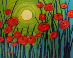 a painting of red flowers on a green background with the moon in the sky behind them