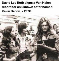 two women are talking to each other in front of a group of people, with the caption david lee roth signs a van halen record for an unknown actor named