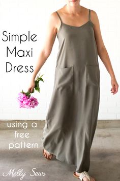 a woman in a gray dress holding a pink flower and text that reads, simple maxi dress using a free pattern melly sews