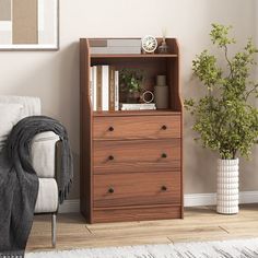 a living room with a white couch and a wooden bookcase next to a potted plant