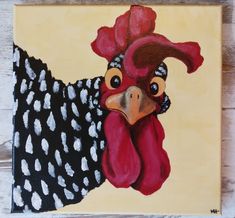 a painting of a rooster with black and white spots