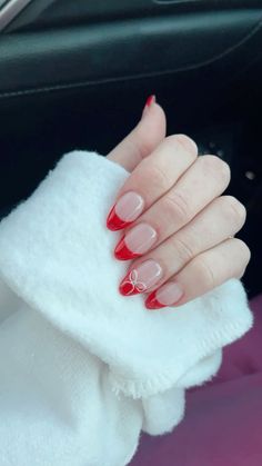 Square Nails Red Tips, Cute Winter Nail Designs Simple, December Nails Red French Tip, Homecoming Red Nails, White French Tip Holiday Nails, Christmas Nails White French Tip, Cute Square Christmas Nails, Red Christmas Nails French Tip, Red Hoco Nail Ideas