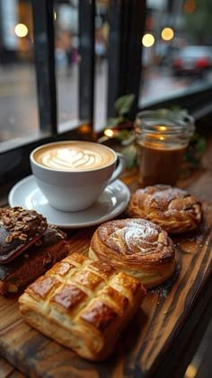 pastries and coffee sit on a table in front of a window