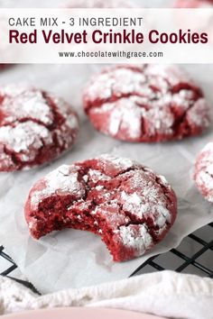 red velvet crinkle cookies with powdered sugar on top