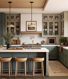 an image of a kitchen setting with stools in the middle and island countertop