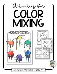 A kids coloring activity shows splashes of color and worksheets to mix colors Primary And Secondary Colors