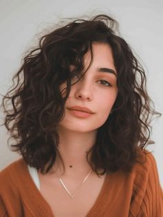 Mid Length Layered Curly Haircuts, Curly Lob Side Part, Long Bob Naturally Curly Hair, Shoulder Length Permed Hair Loose Waves, Naturally Curly Long Bob, Center Part Curly Hair, Mid Length Curly Bob, Curly Reddish Brown Hair, Above Shoulder Curly Hair