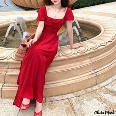 Olivia Mark - Vintage Style Short Sleeve Dress with Mandarin Collar and Ruffled Hem, Waist Cinched Fairy Long Dress Red Fairy Dress, Fairy Long Dress, Red Fairy, Cape Blouse, Terry Cloth Dress, Long Red Dress, Sleeves Clothing, Silk Maxi Dress, Fairy Dress