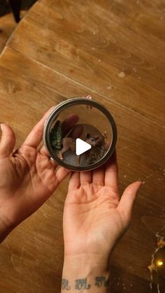 a person holding a small mirror with plants in it on top of a wooden table