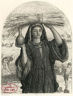 an old drawing of a woman carrying two jugs on her head