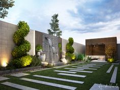 an outdoor garden with grass and stone stepping stones